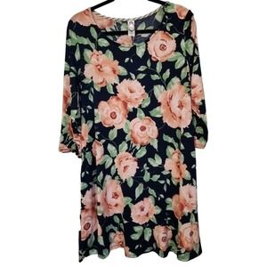 Honeyme Made In LA Floral Print Dress Womens Size M‎ Peach Roses Navy Blue